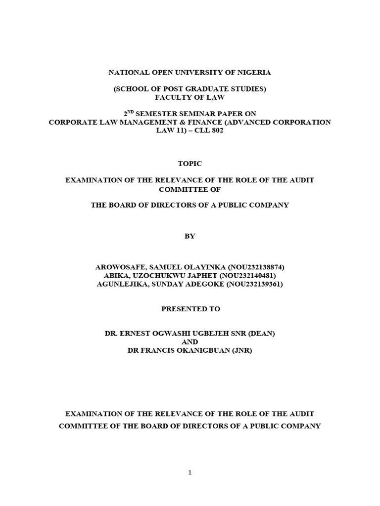 2 Examination Of The Relevance Of The Role Of The Audit Committee Of