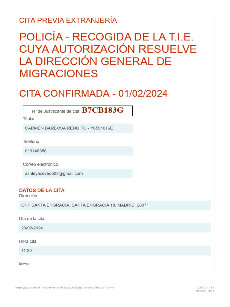 Confirmación de Cita para T.I.E. | PDF