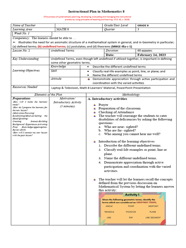 Grade 8 Math: Undefined Terms Lesson | PDF | Line (Geometry) | Learning