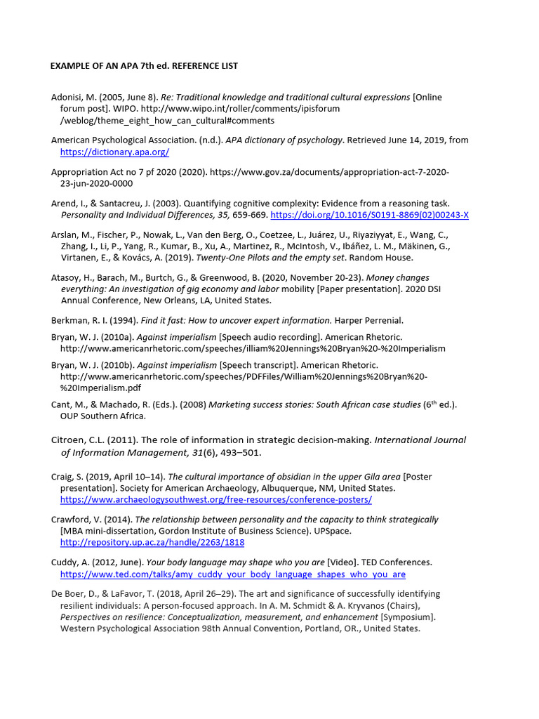 APA 7th Edition Reference List Example | PDF