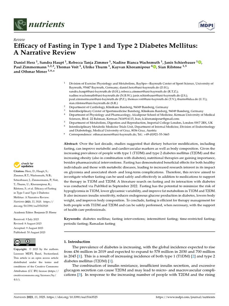 Efficacy of Fasting in Type 1 and Type 2 Diabetes Mellitus | PDF ...