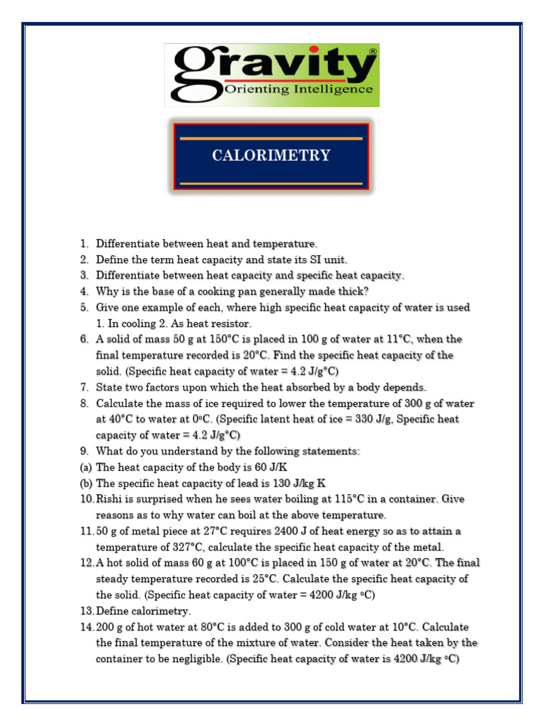 Icse X Calorimetry Question Bank PDF Heat Heat Capacity