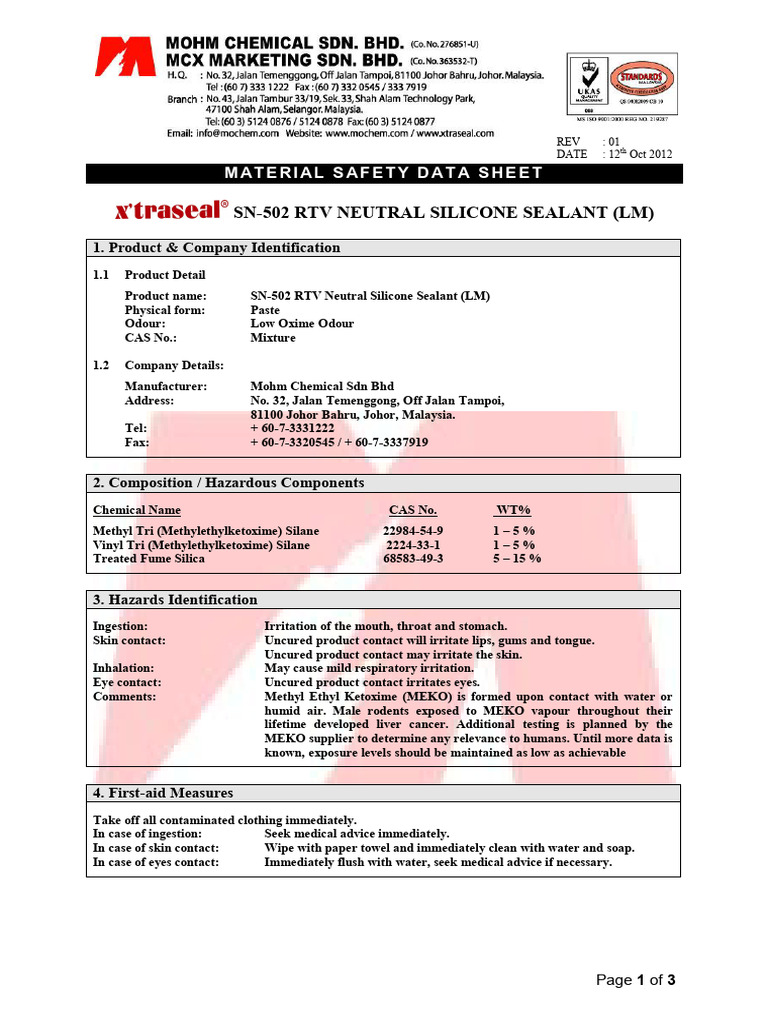 SN-502 RTV Silicone Sealant MSDS | PDF | Fires | Firefighting