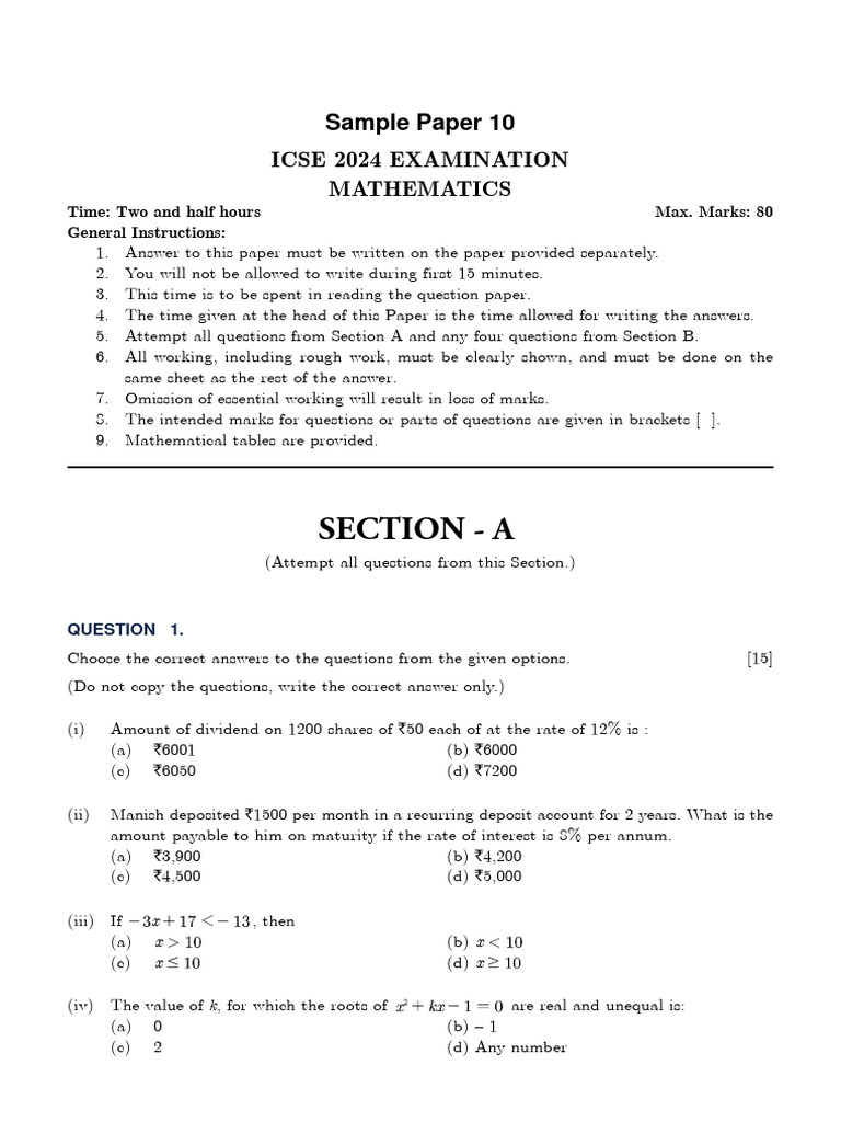 ICSE Class 10 Maths Sample Paper 2024 | PDF | Geometry | Elementary ...