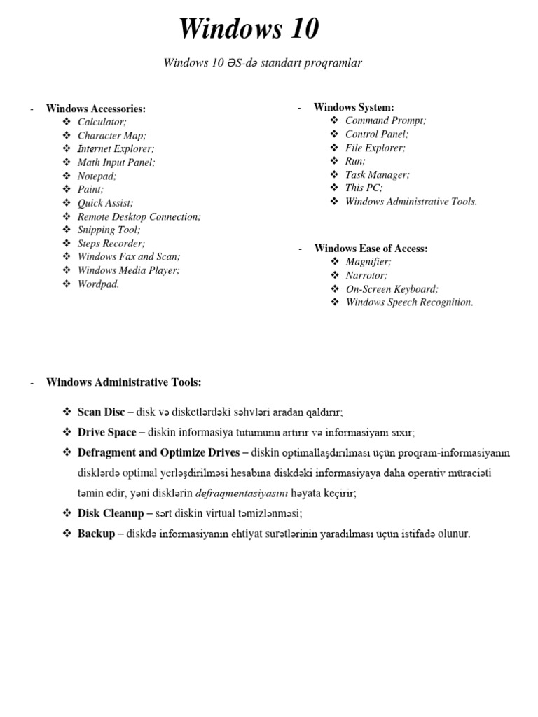 Windows 10 standart proqramlar pdf