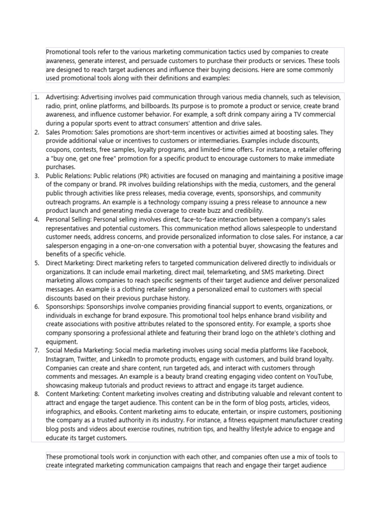 Promotional Tools Pdf Promotion Marketing Marketing