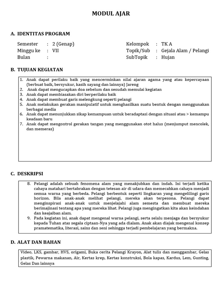 Modul Ajar Tema Pelangi Untuk Tk A Pdf