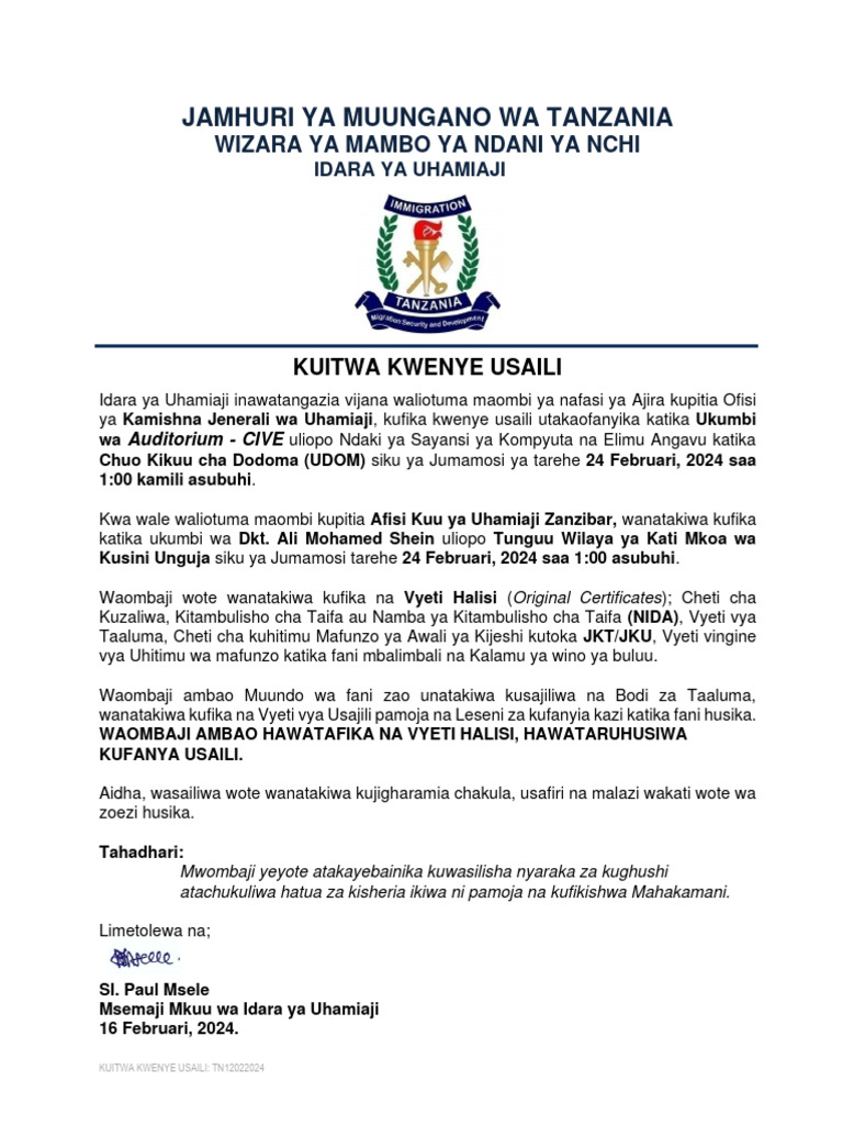 Kuitwa Kwenye Usaili Feb 2024 Pdf