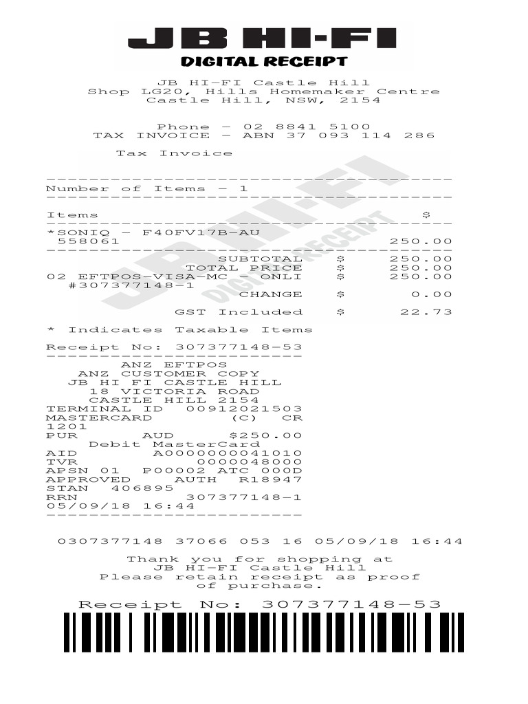JB Hi-Fi Castle Hill Purchase Receipt | PDF