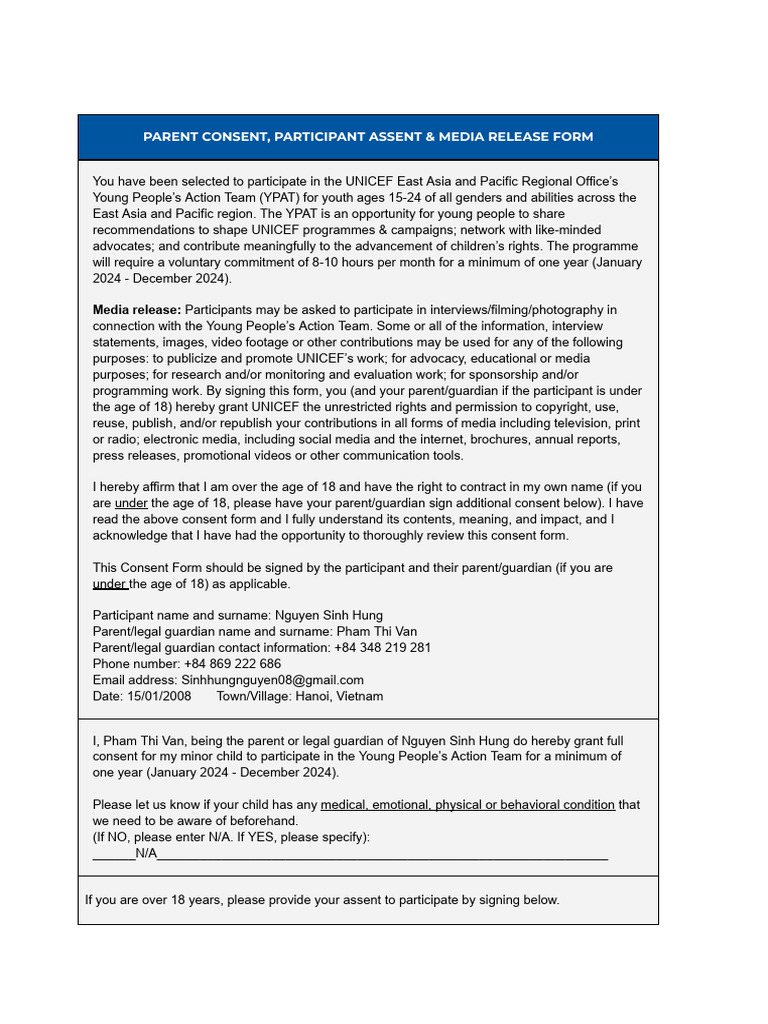 2024 YPAT Parental Consent and Media Release Form (NGUYEN SINH HUNG) | PDF