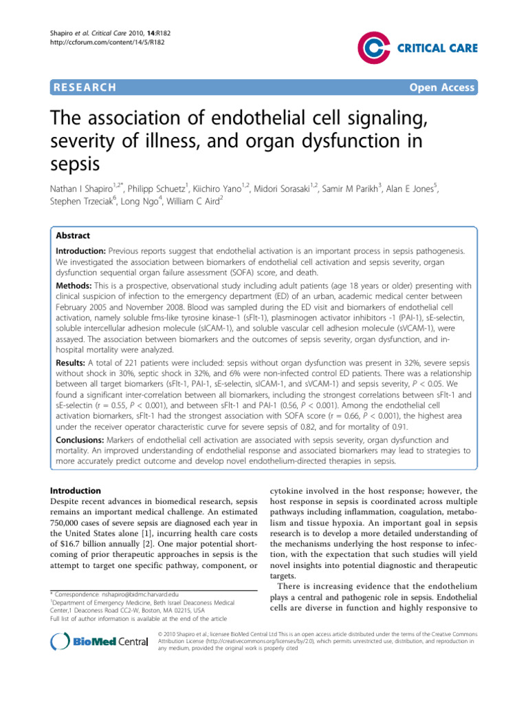 Endothelial Biomarkers in Sepsis Severity | PDF | Sepsis | Endothelium