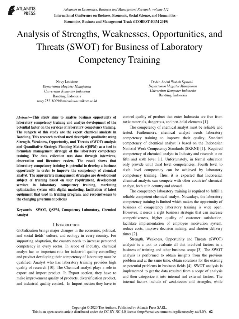 Analysis of Strengths, Weaknesses, Opportunities, and Threats (SWOT ...