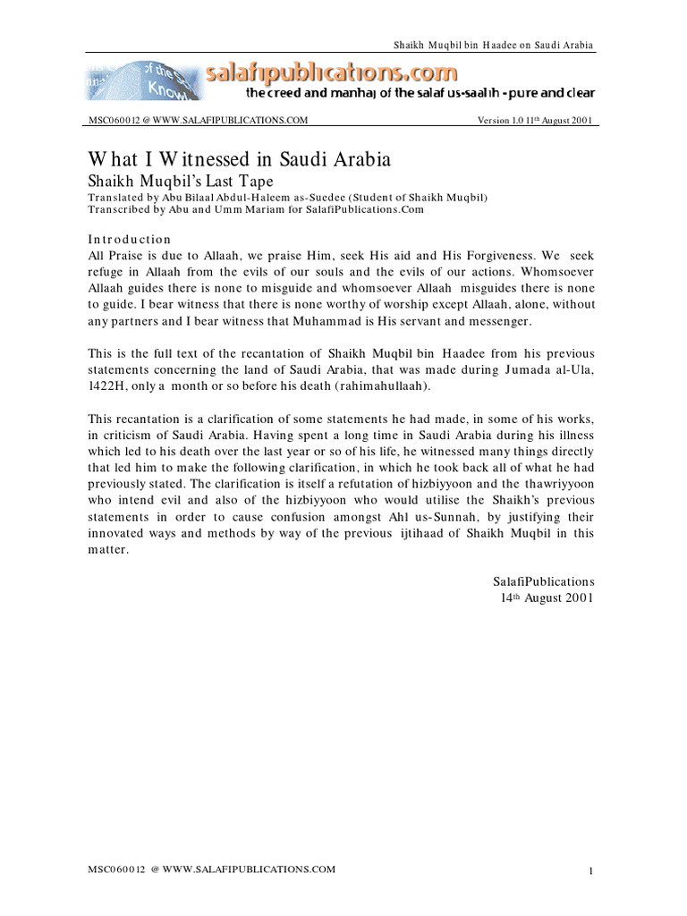 Shaikh Muqbil's Recantation on Saudi Arabia | PDF | Muhammad | Sheikh