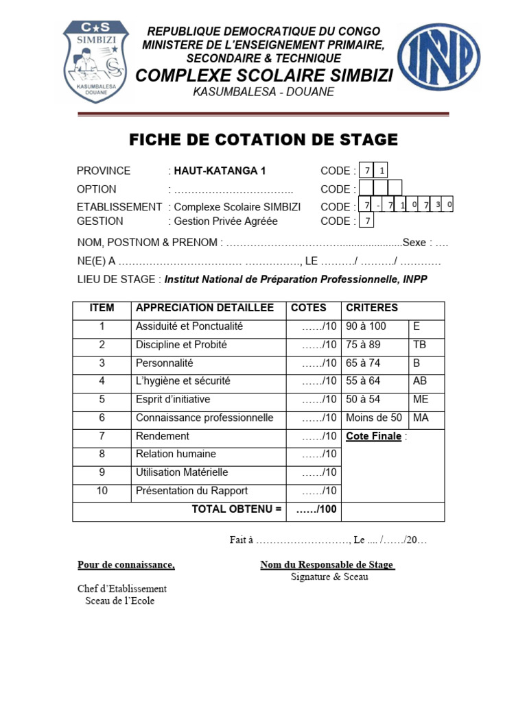 Fiche de Cotation de Stage INPP | PDF