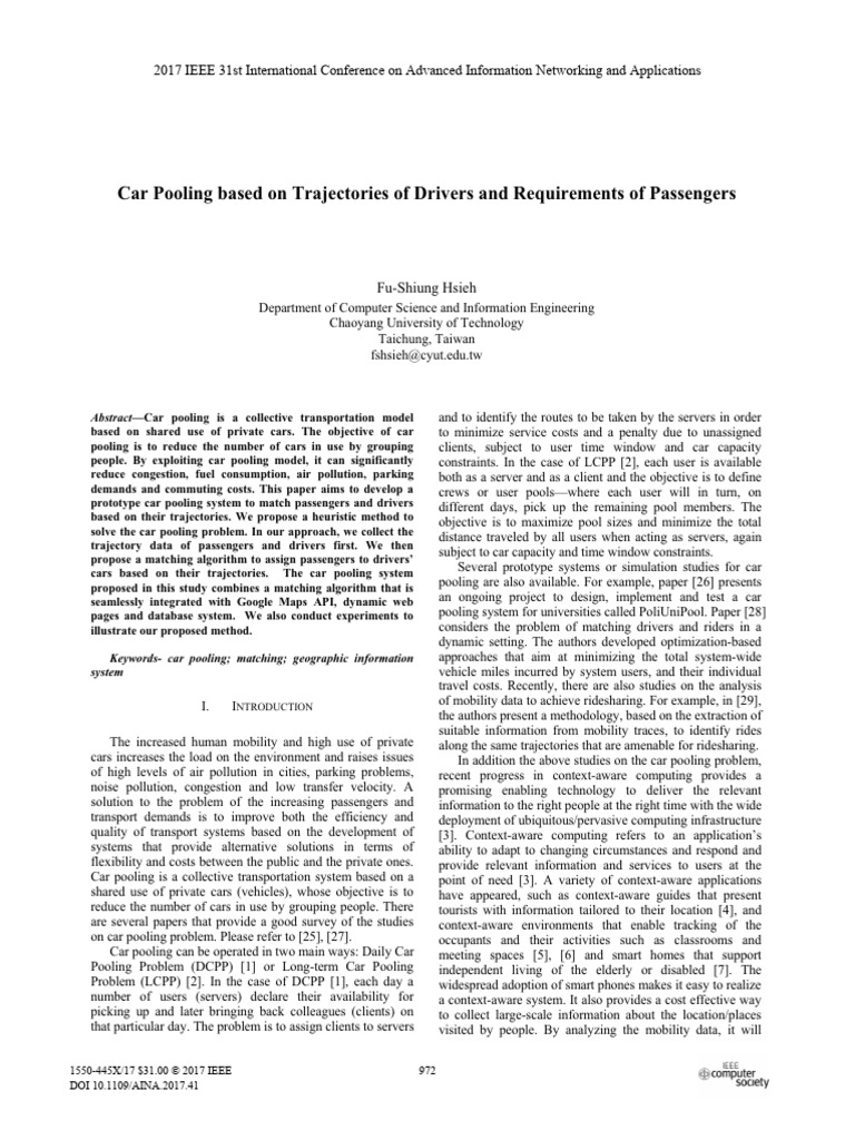 Car Pooling System Using Trajectory Data | PDF | Transport | Car
