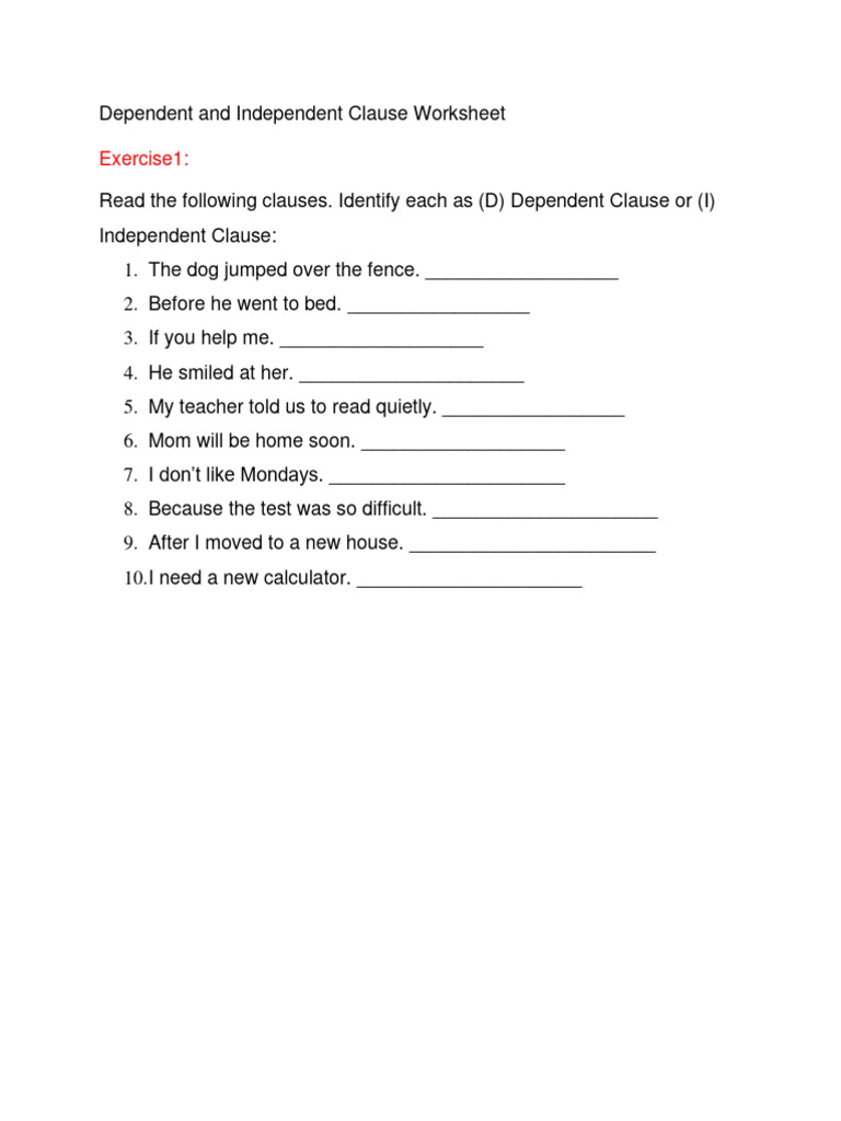 Dependent and Independent Clause Worksheet PDF
