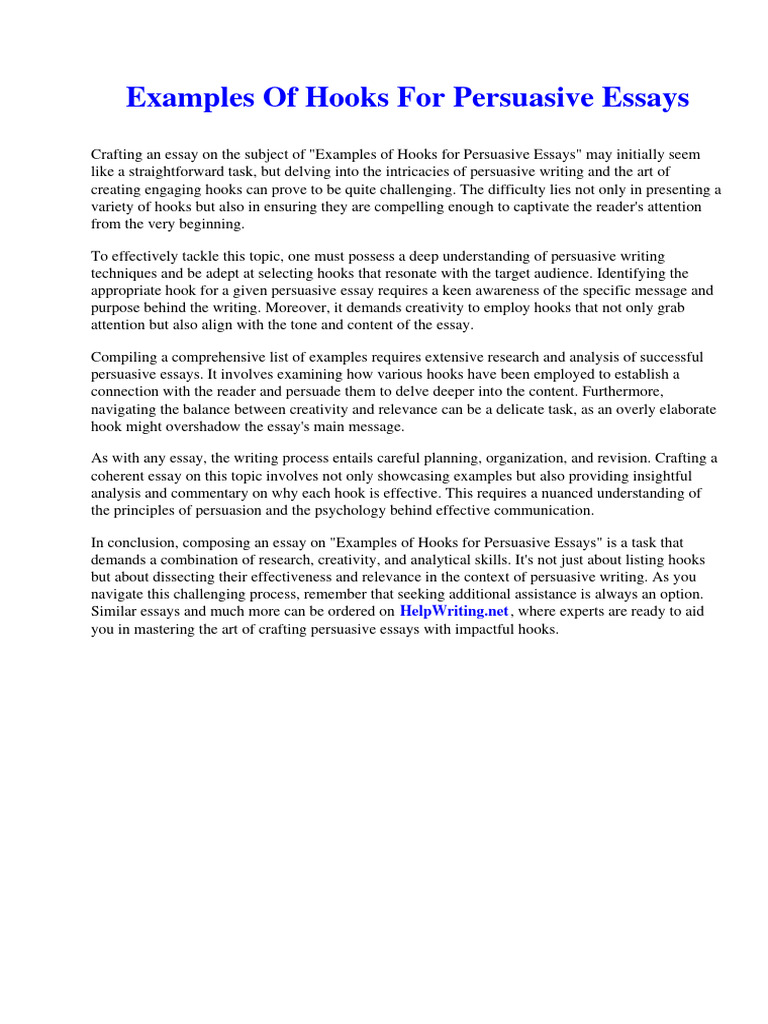 Examples of Hooks For Persuasive Essays Download Free PDF