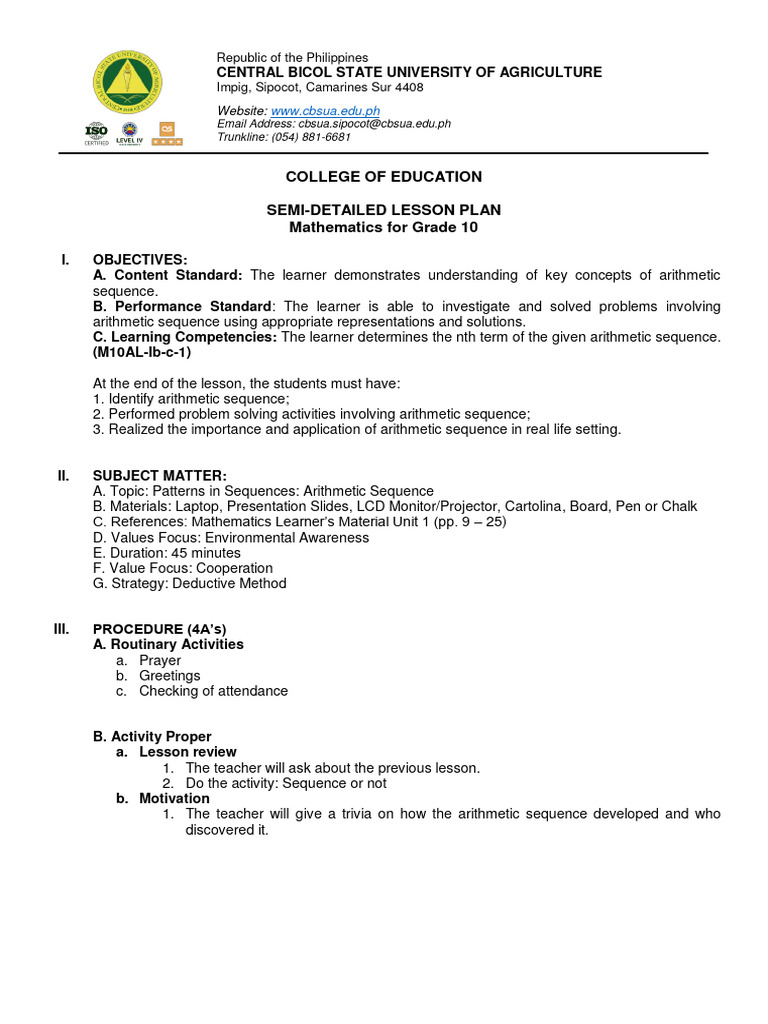 Dwal, A. Bsed Math-3 (Lesson Plan) - 112219 | PDF | Lesson Plan ...
