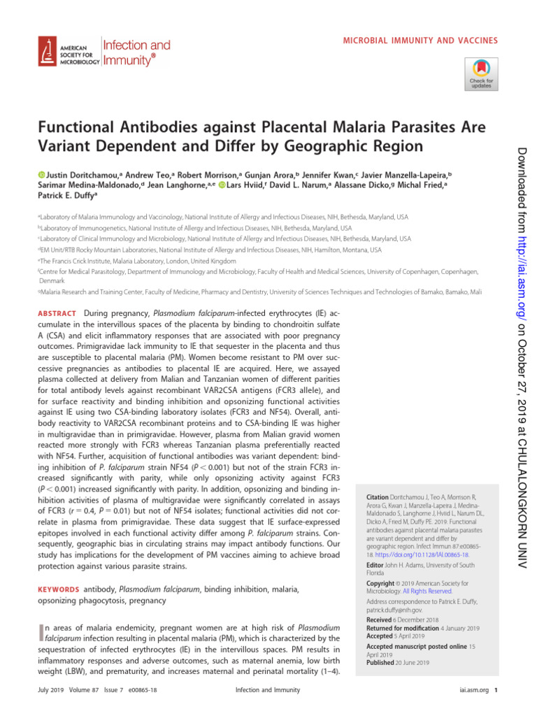 2019 functional antibodies against placental malaria parasites are