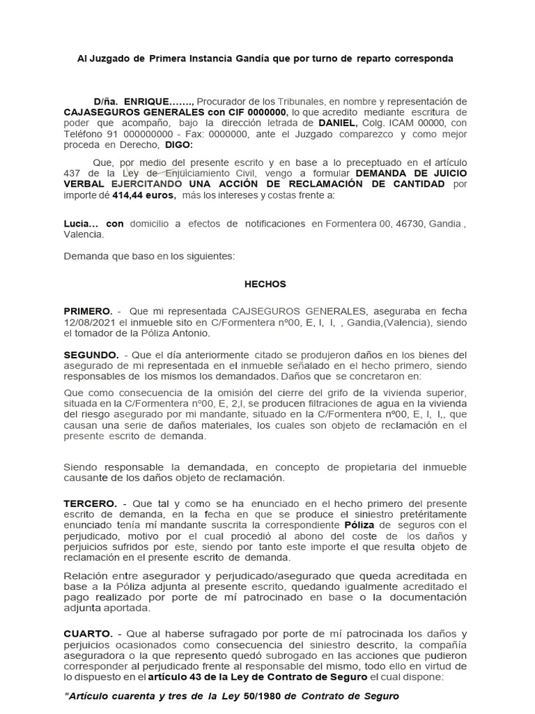 Demanda contra aseguradora por daños | PDF | Póliza de seguros | Seguro