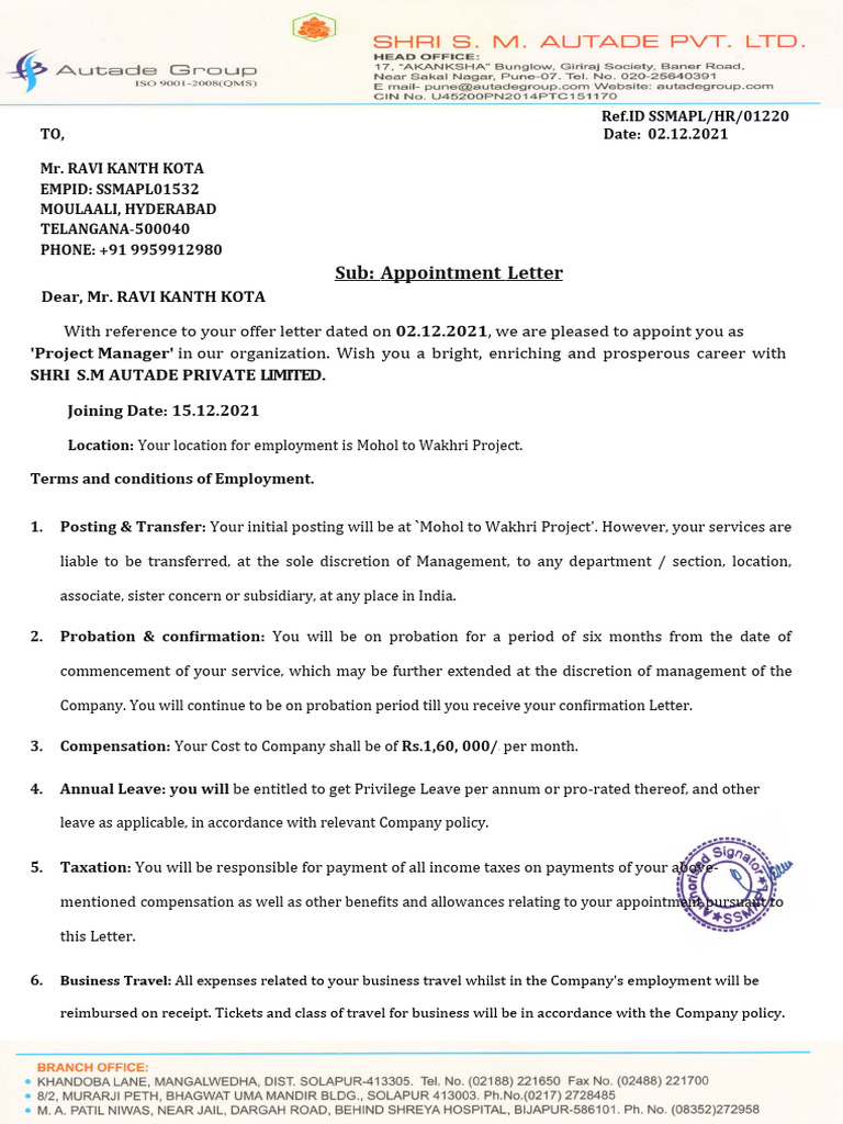 Ravi Kanth Kota Appointment Letter PDF Employment Confidentiality