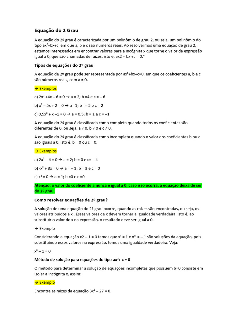 Equação 2 Grau (9° Ano) | PDF