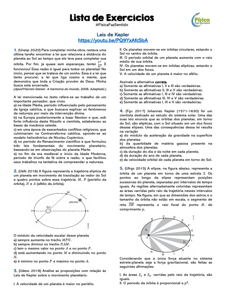 Exercícios sobre as Leis de Kepler | PDF