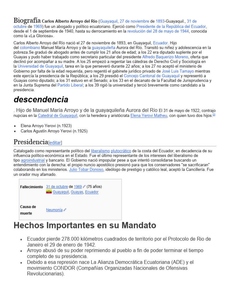 Biografía Carlos Alberto Arroyo Del Río PDF Gobierno América del Sur