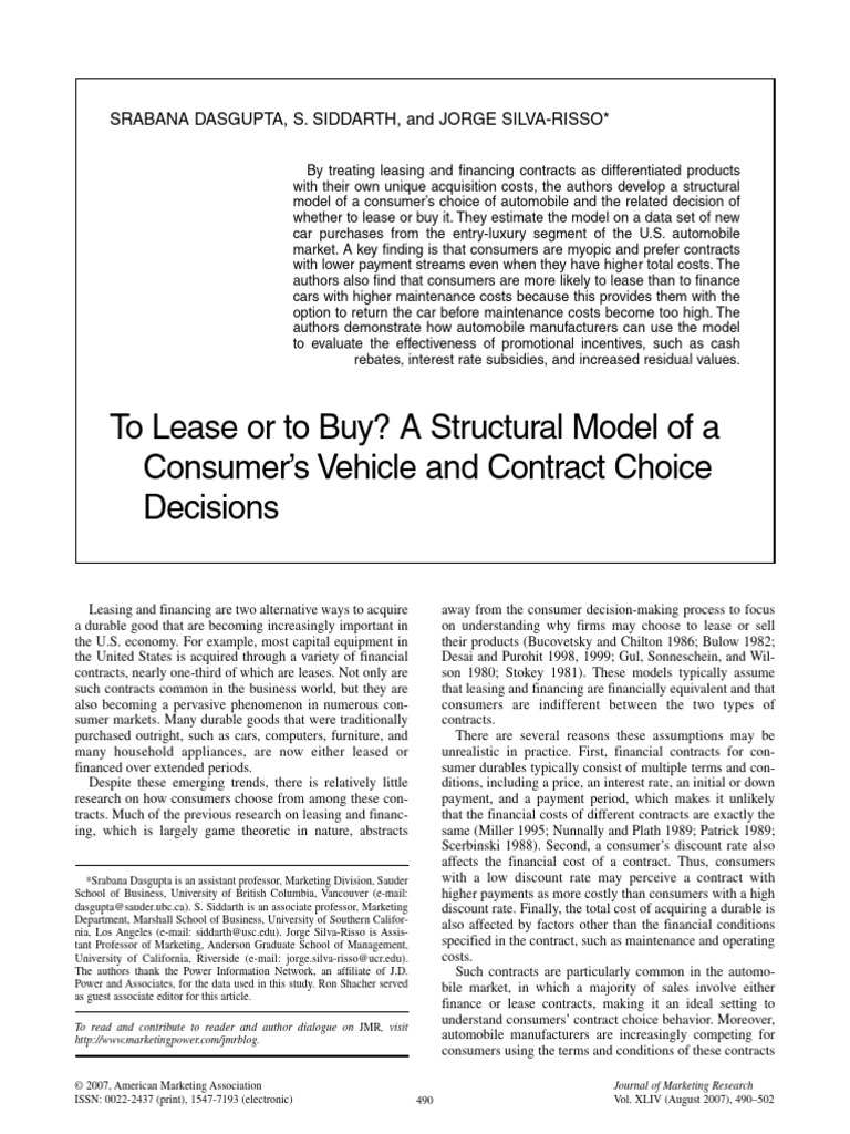 Dasgupta Et Al 2007 To Lease or To Buy A Structural Model of A Consumer ...