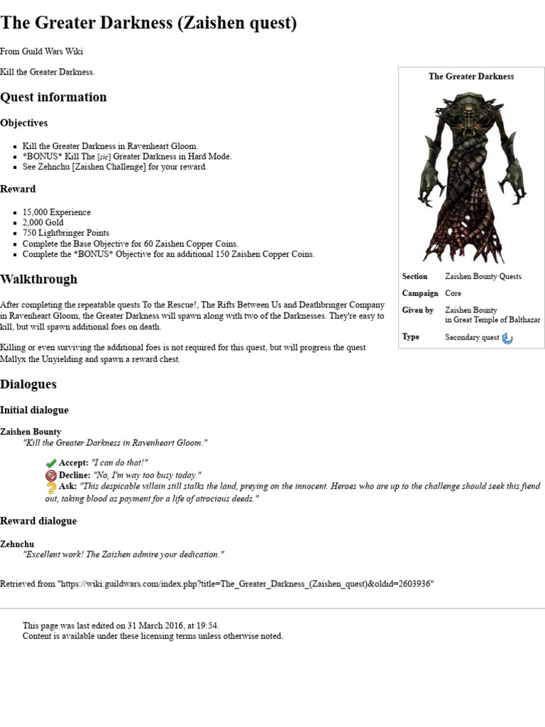 The Greater Darkness (Zaishen quest) - Guild Wars Wiki (GWW) | PDF