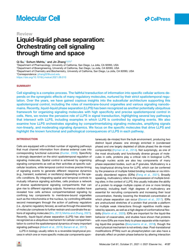 Liquid-Liquid Phase Separation: Orchestrating Cell Signaling Through ...