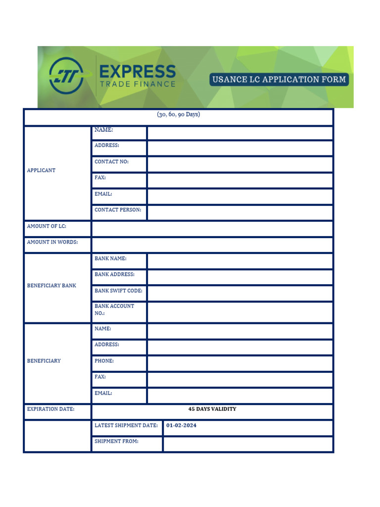 Letter of Credit Application Template | PDF
