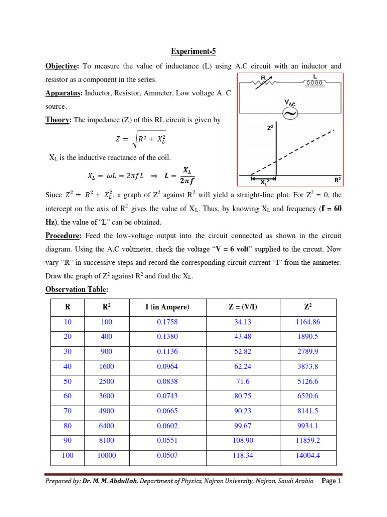 Experiment 5 PHYS 105 PDF Inductor Inductance