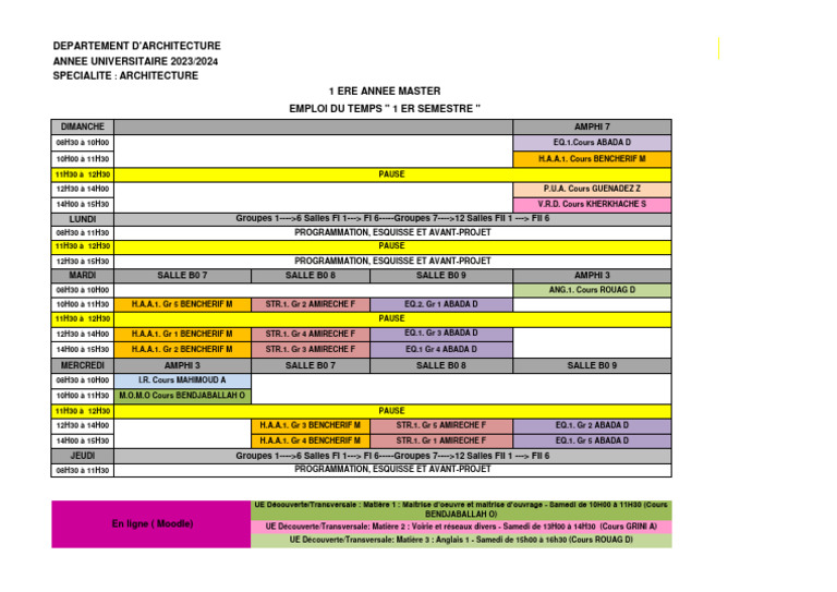 Emploi du temps 1er semestre Master Architecture | PDF