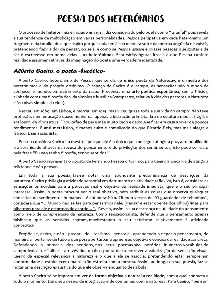 Heterônimos de Fernando Pessoa: Caeiro e Reis | PDF