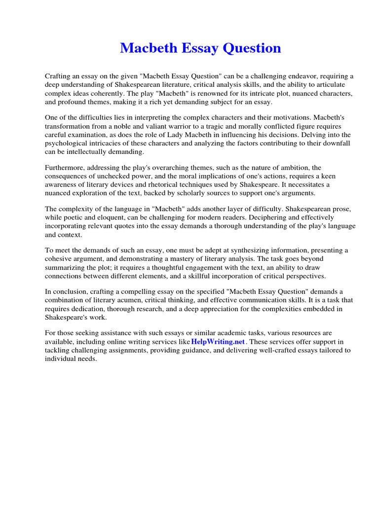 Macbeth Essay Question Download Free PDF Feminism Gender Studies