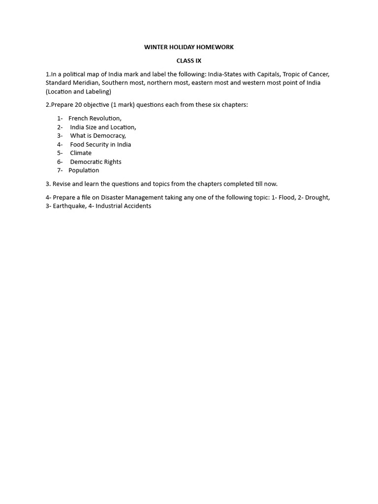 Winter Holiday Homework For Class 9 Pdf