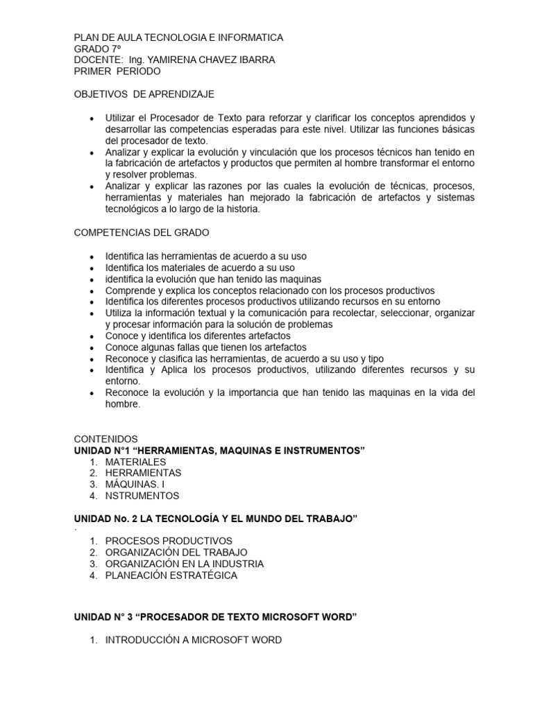 Plan de Aula Tecnologia e Informatica Grado 7 | PDF | Cobre | Rieles