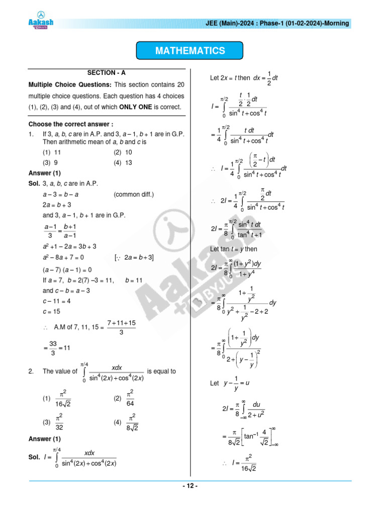 JEE Main 2024 Feb01 Shift1 Maths Morning | PDF