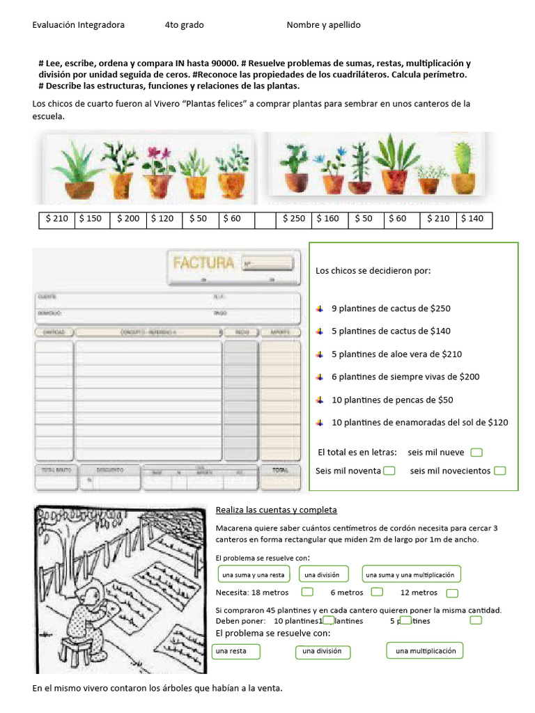 Evaluación de Matemáticas 4to Grado | PDF