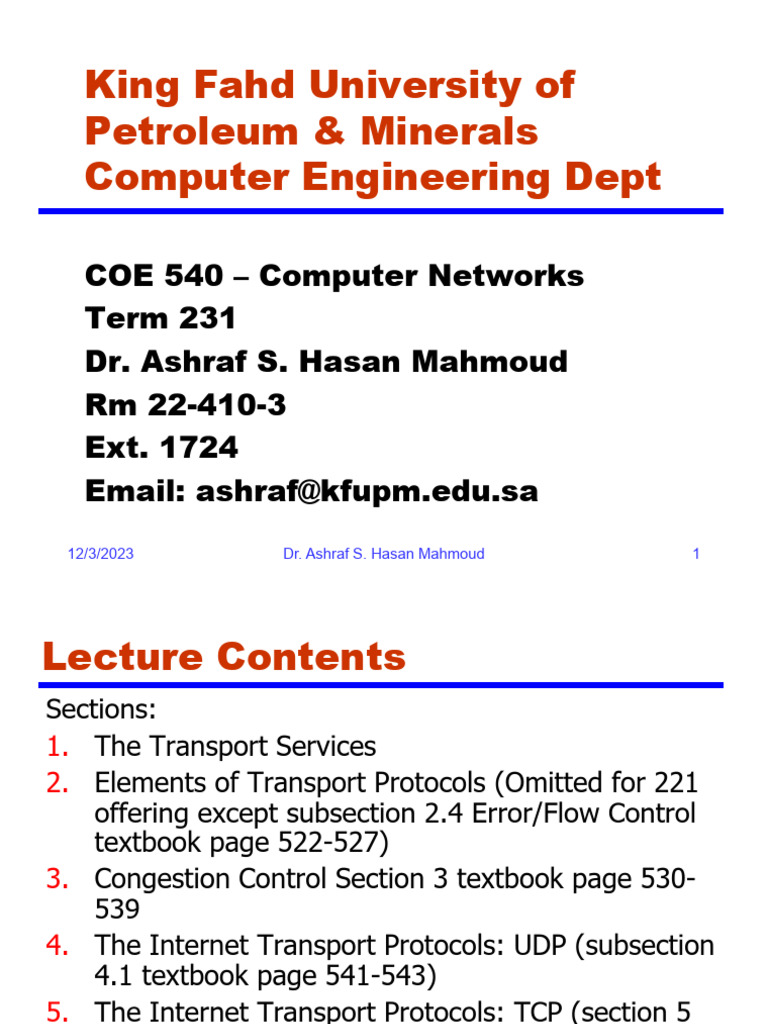 COE 231 540 TransportLayer 6 Shortened 2 | PDF | Transmission Control ...