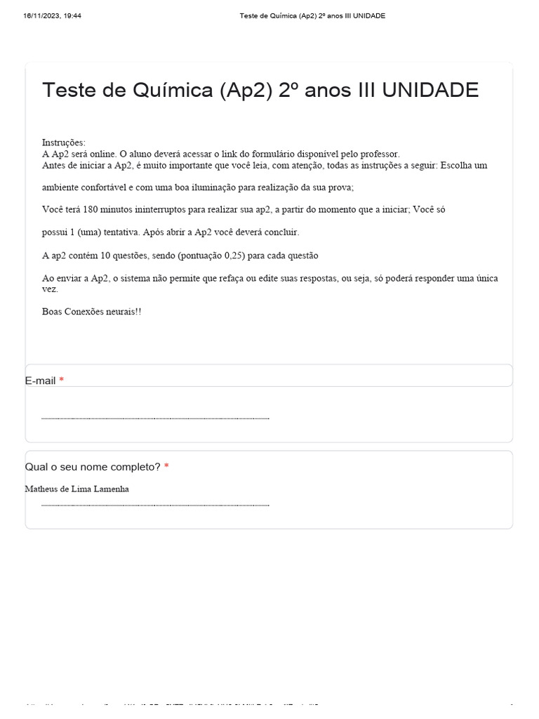 Teste de qu mica iiiunidade ap2 2 anos formul rios google pdf