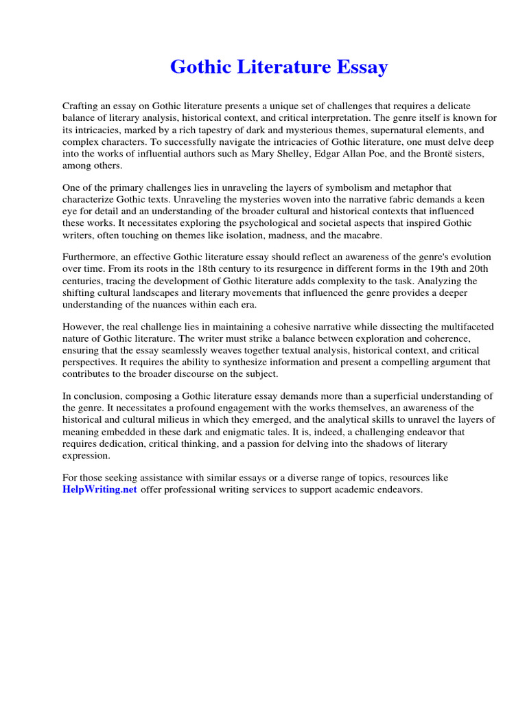 Gothic Literature Essay PDF Gothic Fiction Essays