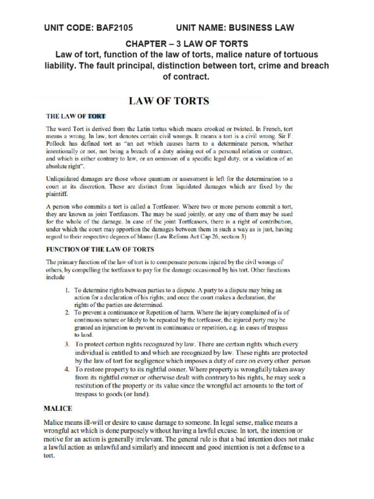 Chapter 3 Law Of Torts Pdf Tort Legal Liability