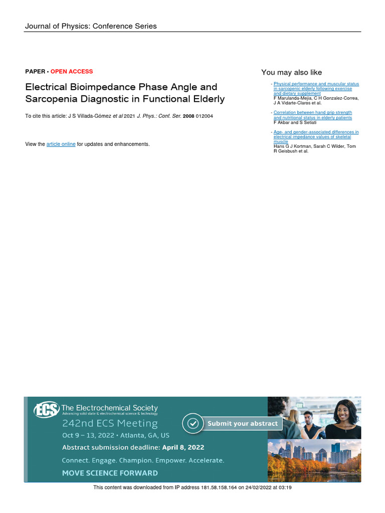 Phase Angle and Sarcopenia Diagnostic in Functional Elderly Download Free PDF Medical
