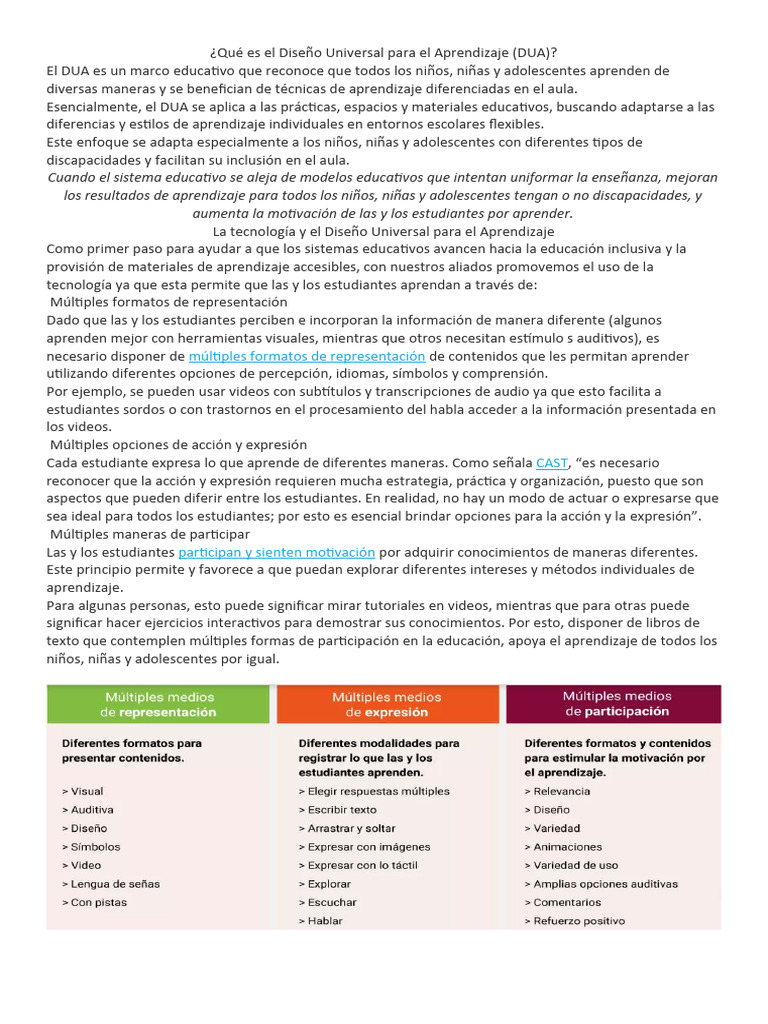 Principios del DUA en Educación Inclusiva | PDF | Aprendizaje | Plan de ...