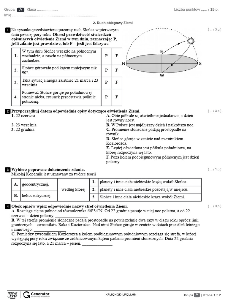 Ruch Obiegowy Ziemi Klasa 6 Ruch Obiegowy Ziemi Test (Z Widoczną Punktacją) | PDF