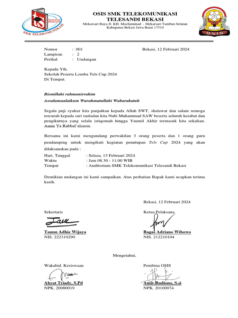 Surat Undangan Penutupan TelsCup 2024 | PDF