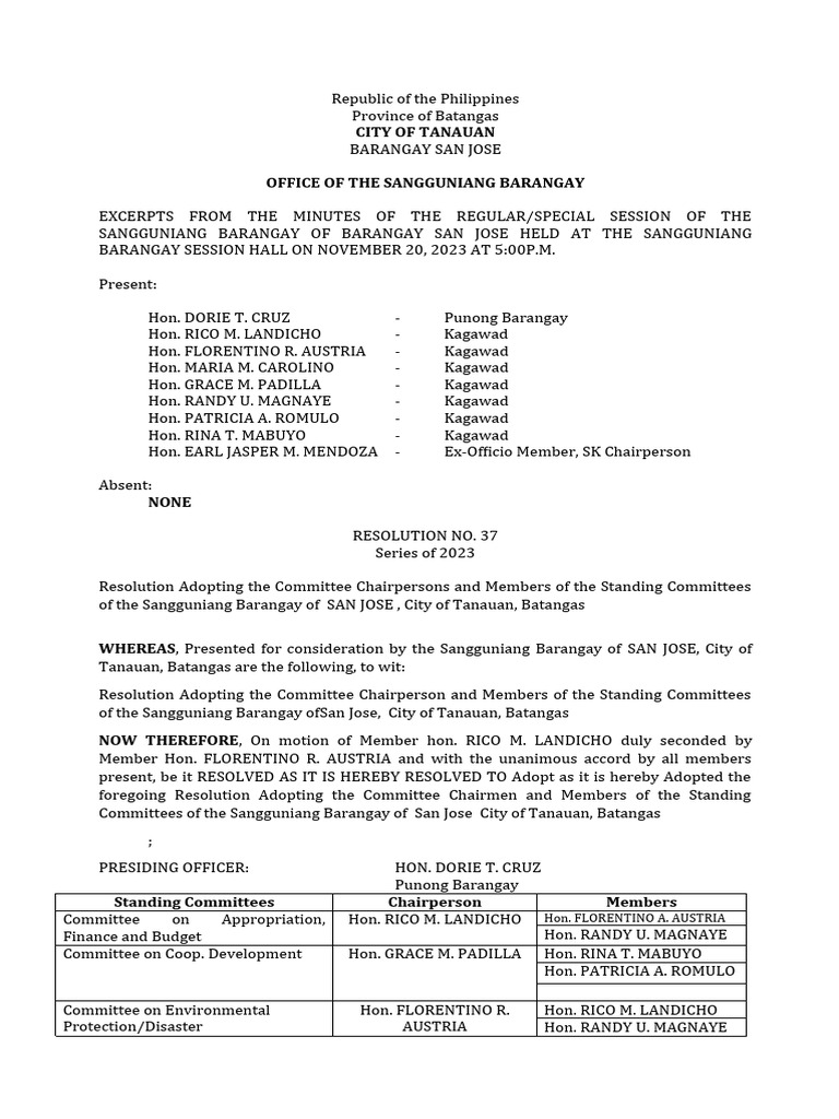 San Jose Barangay Committee Resolutions | PDF | Government