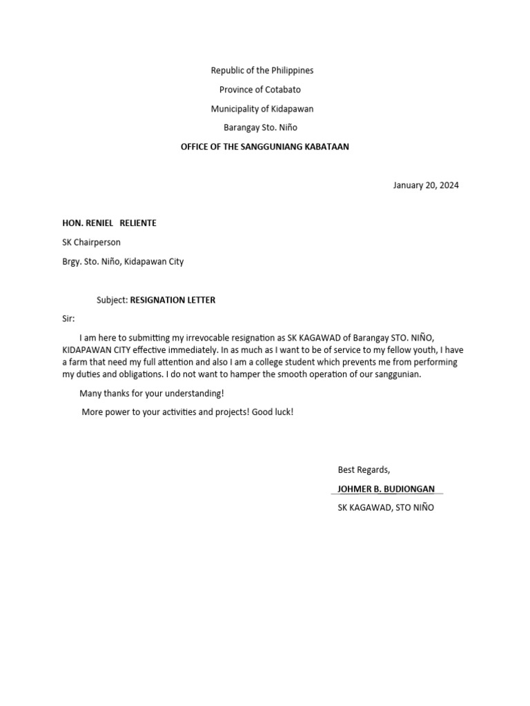 Irrevocable Resignation of SK Kagawad | PDF